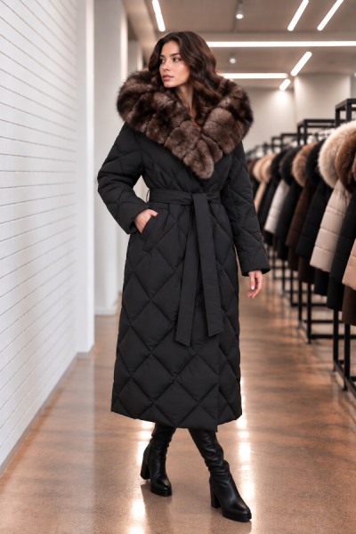 Sieviešu stilīgs mētelis ar kapuci un dabīgo kažokādu Turino Sieviešu stilīgs mētelis ar kapuci un dabīgo kažokādu Turino